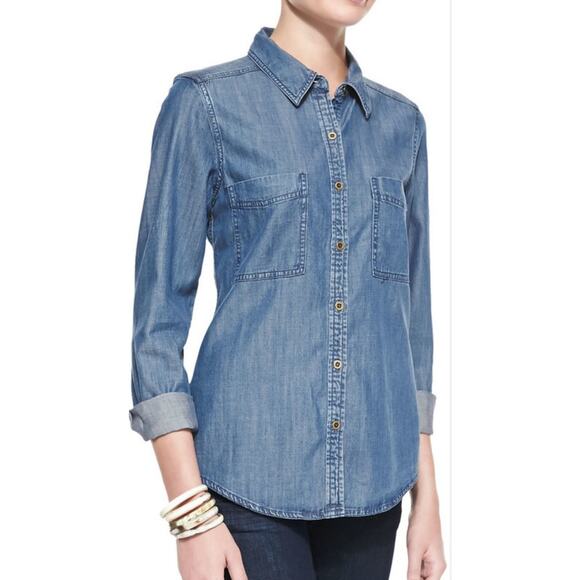 Eileen Fisher Chambray Denim Button Down Front Cotton Blouse Top Size Small EUC - Picture 2 of 12